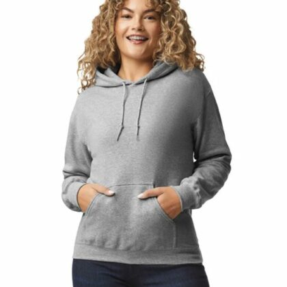 A young woman is wearing a blank grey hoodie. This hoodie can be customized at custom custom clothing.
