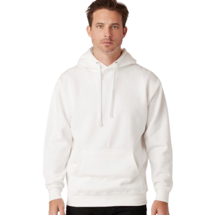 A male model wears a blank white hoodie. This hoodie and others can be customized by custom custom clothing.